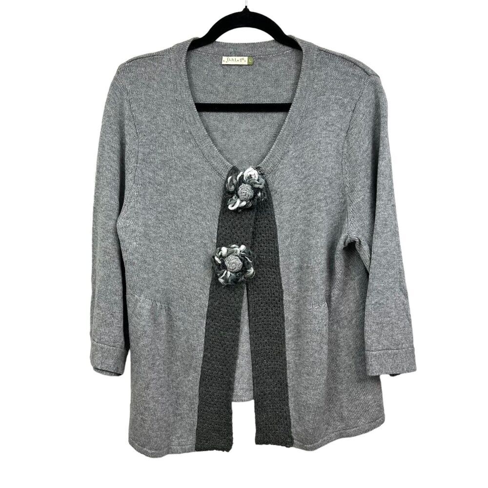 CHALET Womens Cardigan Sweater Wool Blend Flower Embellished 3/4 Sleeve Grey L*
